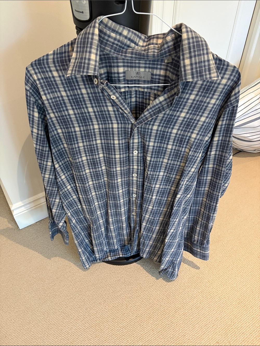 Canali Blue and White Plaid Button-Down Shirt